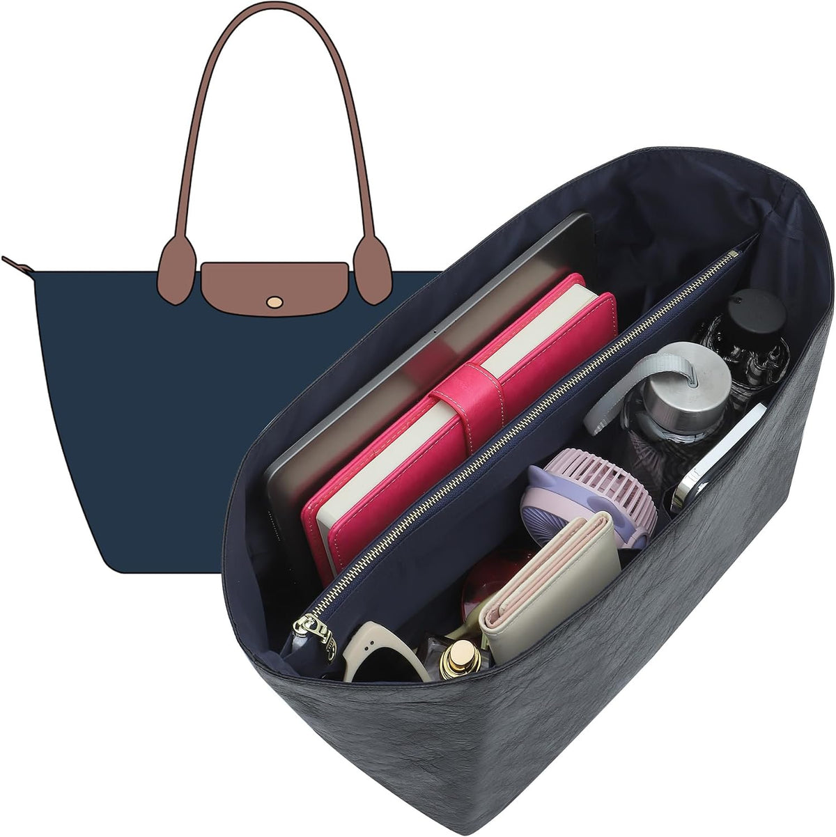 Long Champ Organizer Insert, Bag Organizer Insert for le pliage Large and More, Lightweight Waterproof DupontPaper, Keeps Handbags Shaped & Neat, 6 Compartments, 4 Size (Black, L)