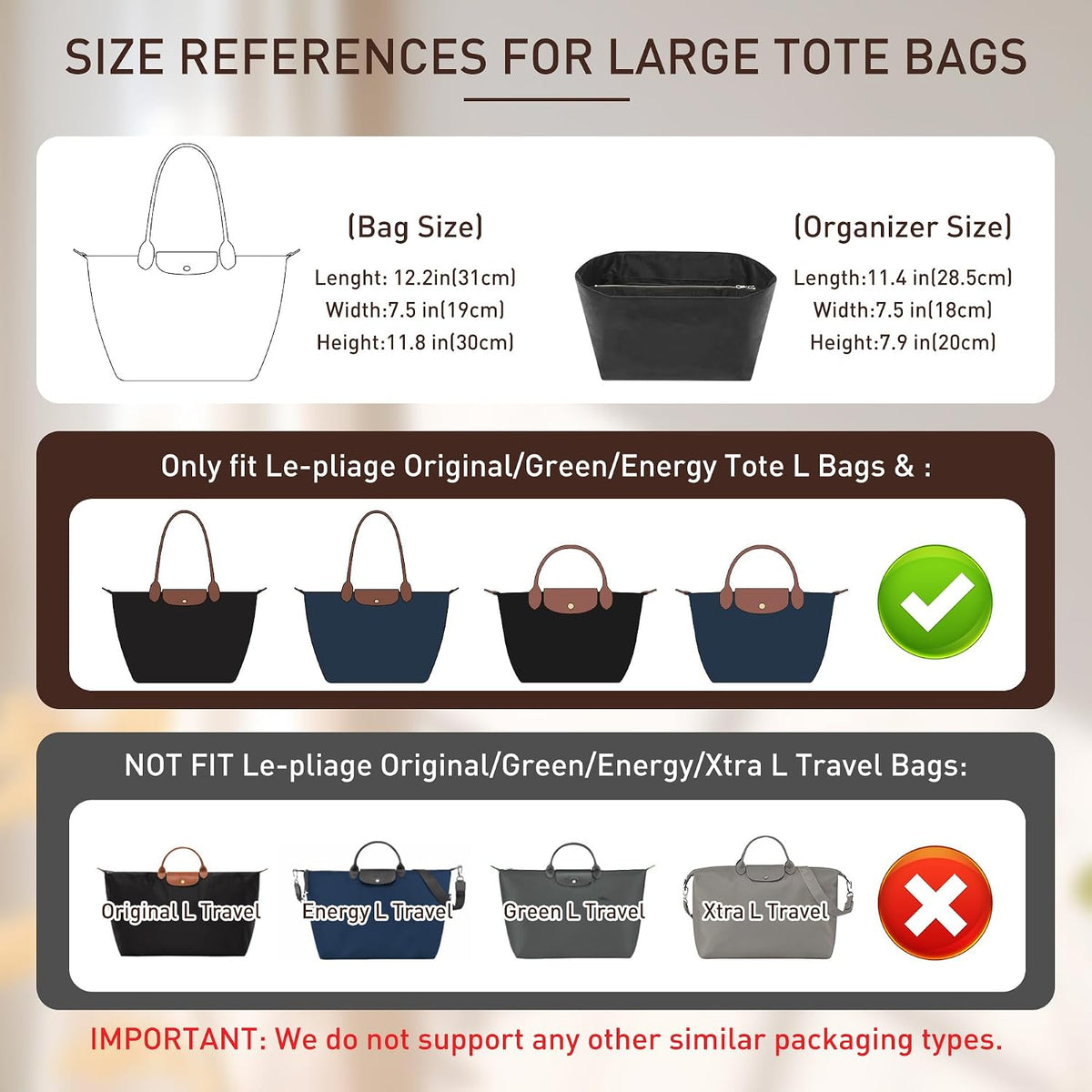Long Champ Organizer Insert, Bag Organizer Insert for le pliage Large and More, Lightweight Waterproof DupontPaper, Keeps Handbags Shaped & Neat, 6 Compartments, 4 Size (Black, L)