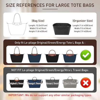 Long Champ Organizer Insert, Bag Organizer Insert for le pliage Large and More, Lightweight Waterproof DupontPaper, Keeps Handbags Shaped & Neat, 6 Compartments, 4 Size (Black, L)
