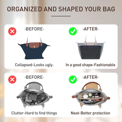 Long Champ Organizer Insert, Bag Organizer Insert for le pliage Large and More, Lightweight Waterproof DupontPaper, Keeps Handbags Shaped & Neat, 6 Compartments, 4 Size (Black, L)