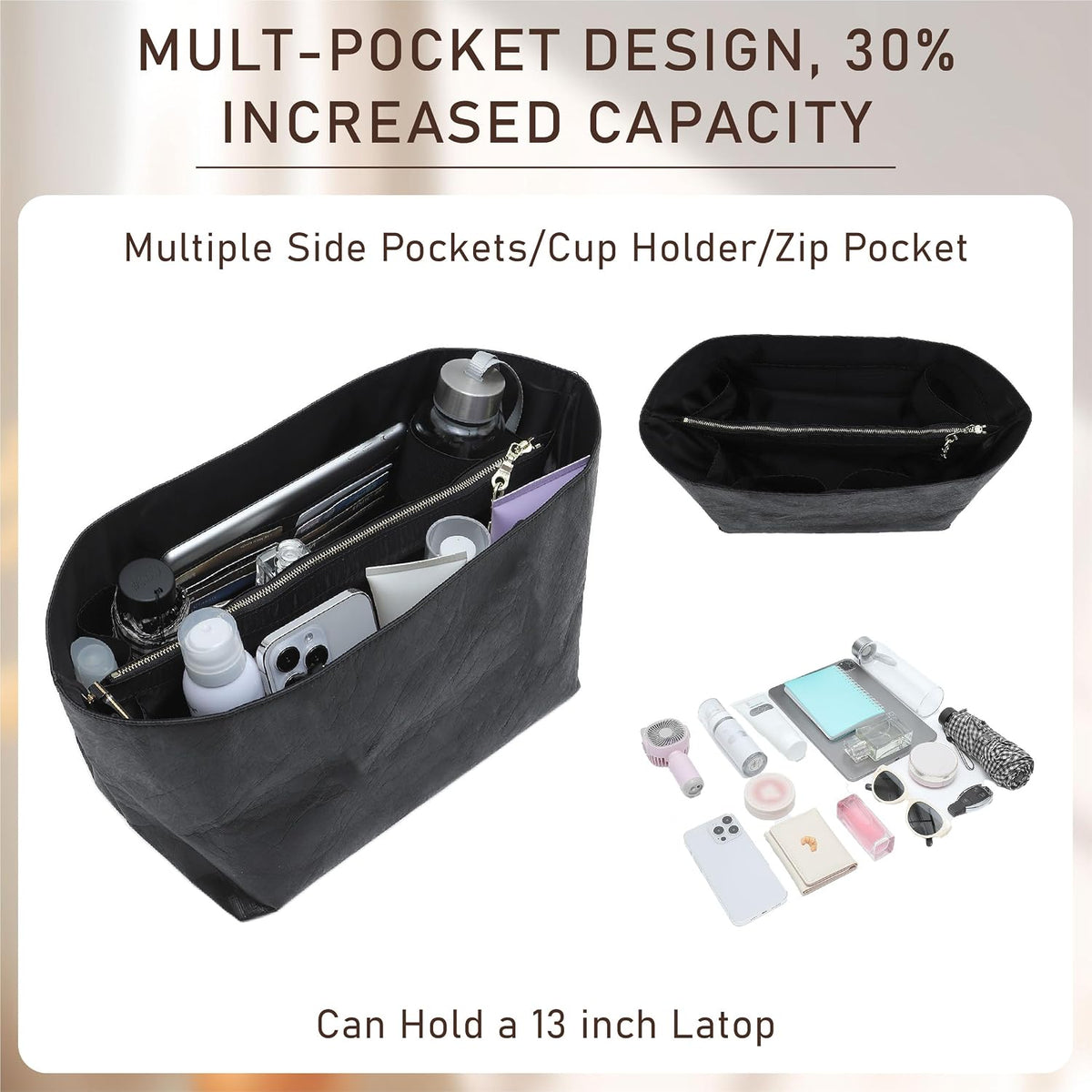 Long Champ Organizer Insert, Bag Organizer Insert for le pliage Large and More, Lightweight Waterproof DupontPaper, Keeps Handbags Shaped & Neat, 6 Compartments, 4 Size (Black, L)