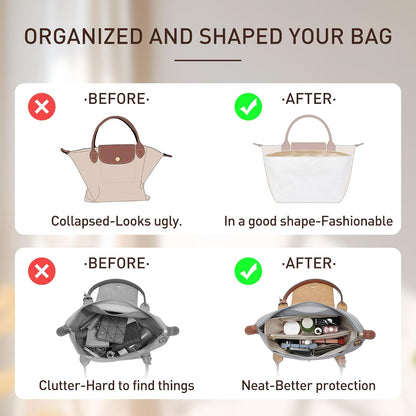 Long Champ Organizer Insert, Bag Organizer Insert for le pliage Large and More, Lightweight Waterproof DupontPaper, Keeps Handbags Shaped & Neat, 6 Compartments, 4 Size (Black, L)