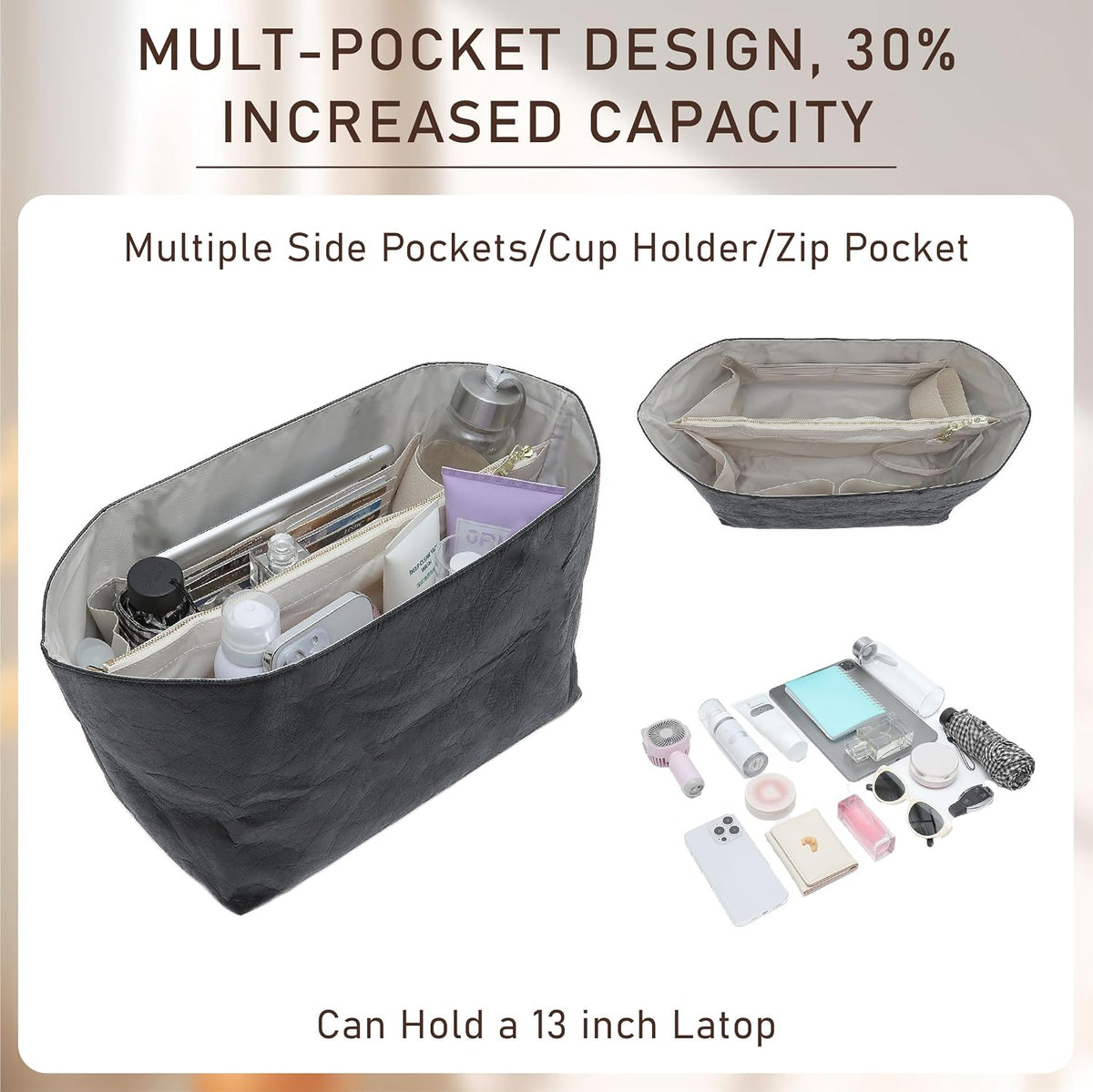 Long Champ Organizer Insert, Bag Organizer Insert for le pliage Large and More, Lightweight Waterproof DupontPaper, Keeps Handbags Shaped & Neat, 6 Compartments, 4 Size (Black, L)