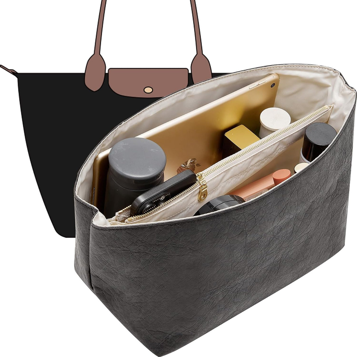 Long Champ Organizer Insert, Bag Organizer Insert for le pliage Large and More, Lightweight Waterproof DupontPaper, Keeps Handbags Shaped & Neat, 6 Compartments, 4 Size (Black, L)
