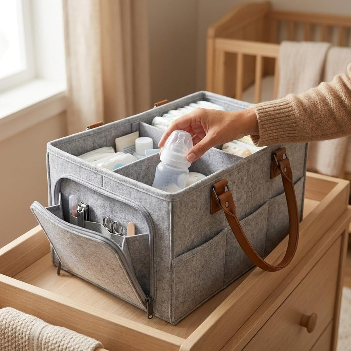 Baby Diaper Caddy Organizer, Nursery Storage Bin and Car Organizer for Diapers and Baby Wipes