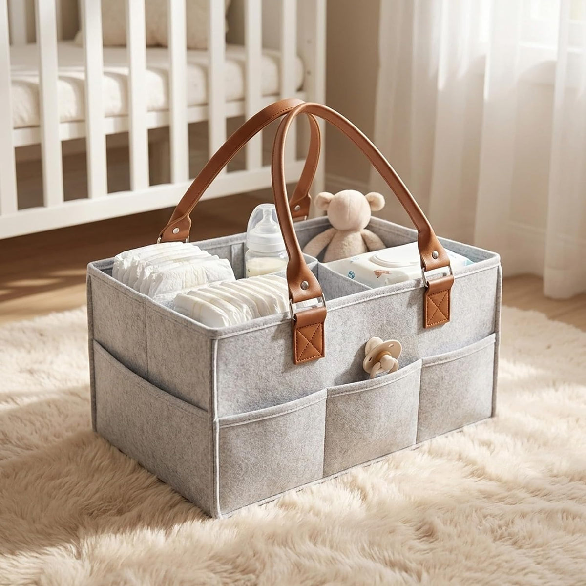 Baby Diaper Caddy Organizer, Nursery Storage Bin and Car Organizer for Diapers and Baby Wipes