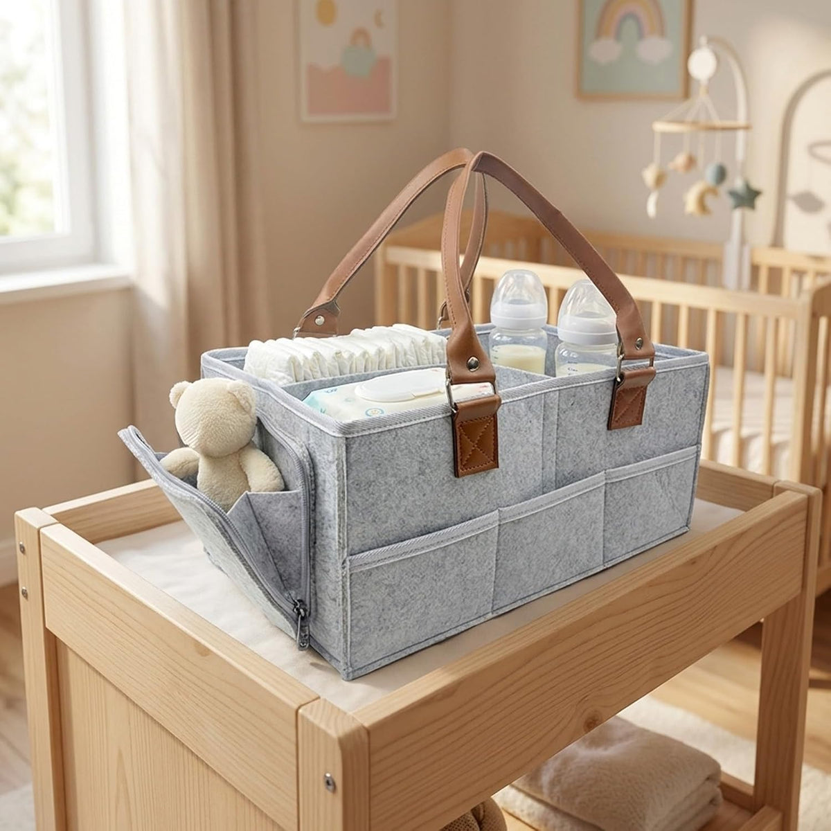 Baby Diaper Caddy Organizer, Nursery Storage Bin and Car Organizer for Diapers and Baby Wipes