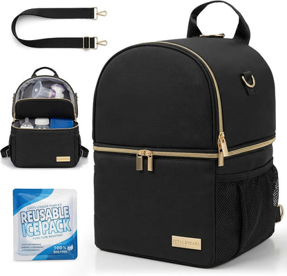 Breast Milk Cooler Travel Bag | Waterproof 2 in 1 Pump & Bottle Sections Insulated Baby Bottle Cooler Bag Backpack with 2 Ice Pack -Fit 6-9oz Bottles -Keeps Milk Fresh -for Working Moms & Daycare