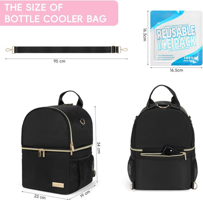 Breast Milk Cooler Travel Bag | Waterproof 2 in 1 Pump & Bottle Sections Insulated Baby Bottle Cooler Bag Backpack with 2 Ice Pack -Fit 6-9oz Bottles -Keeps Milk Fresh -for Working Moms & Daycare