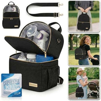 Breast Milk Cooler Travel Bag | Waterproof 2 in 1 Pump & Bottle Sections Insulated Baby Bottle Cooler Bag Backpack with 2 Ice Pack -Fit 6-9oz Bottles -Keeps Milk Fresh -for Working Moms & Daycare