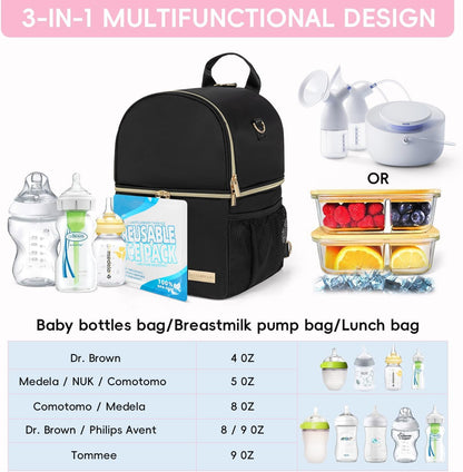 Breast Milk Cooler Travel Bag | Waterproof 2 in 1 Pump & Bottle Sections Insulated Baby Bottle Cooler Bag Backpack with 2 Ice Pack -Fit 6-9oz Bottles -Keeps Milk Fresh -for Working Moms & Daycare