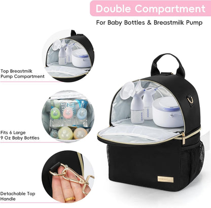 Breast Milk Cooler Travel Bag | Waterproof 2 in 1 Pump & Bottle Sections Insulated Baby Bottle Cooler Bag Backpack with 2 Ice Pack -Fit 6-9oz Bottles -Keeps Milk Fresh -for Working Moms & Daycare
