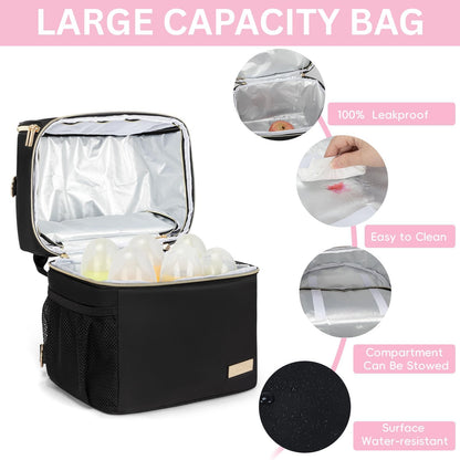 Breast Milk Cooler Travel Bag | Waterproof 2 in 1 Pump & Bottle Sections Insulated Baby Bottle Cooler Bag Backpack with 2 Ice Pack -Fit 6-9oz Bottles -Keeps Milk Fresh -for Working Moms & Daycare