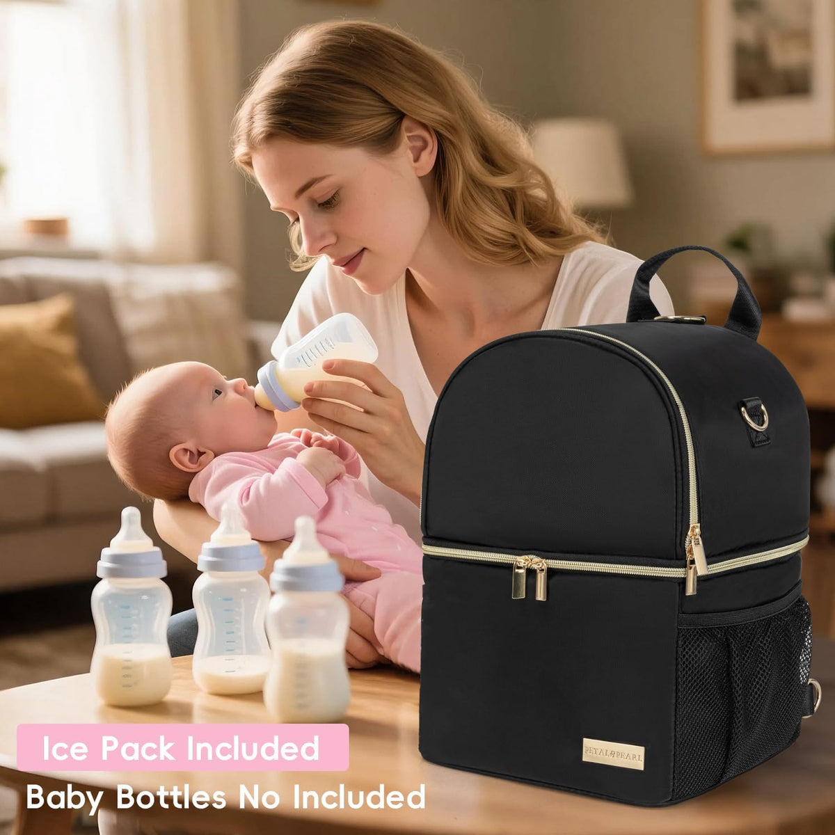 Breast Milk Cooler Travel Bag | Waterproof 2 in 1 Pump & Bottle Sections Insulated Baby Bottle Cooler Bag Backpack with 2 Ice Pack -Fit 6-9oz Bottles -Keeps Milk Fresh -for Working Moms & Daycare