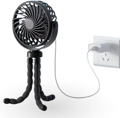 BLACK Portable Oscillating Travel Fan – Rechargeable, Battery-Powered & USB Cooling Device for Strollers, Handheld Use, and On-the-Go Comfort