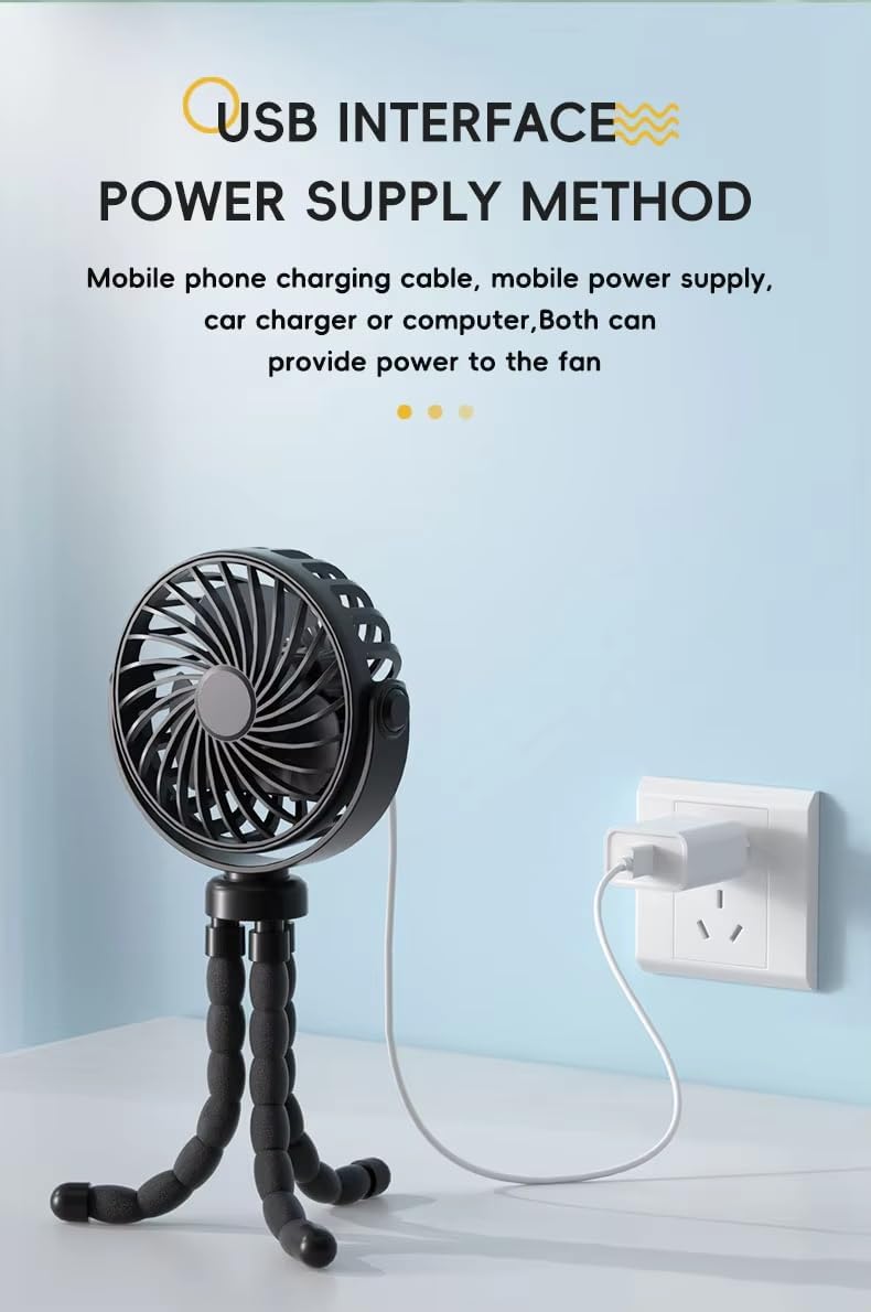 BLACK Portable Oscillating Travel Fan – Rechargeable, Battery-Powered & USB Cooling Device for Strollers, Handheld Use, and On-the-Go Comfort