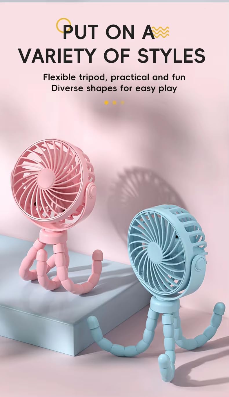 BLACK Portable Oscillating Travel Fan – Rechargeable, Battery-Powered & USB Cooling Device for Strollers, Handheld Use, and On-the-Go Comfort