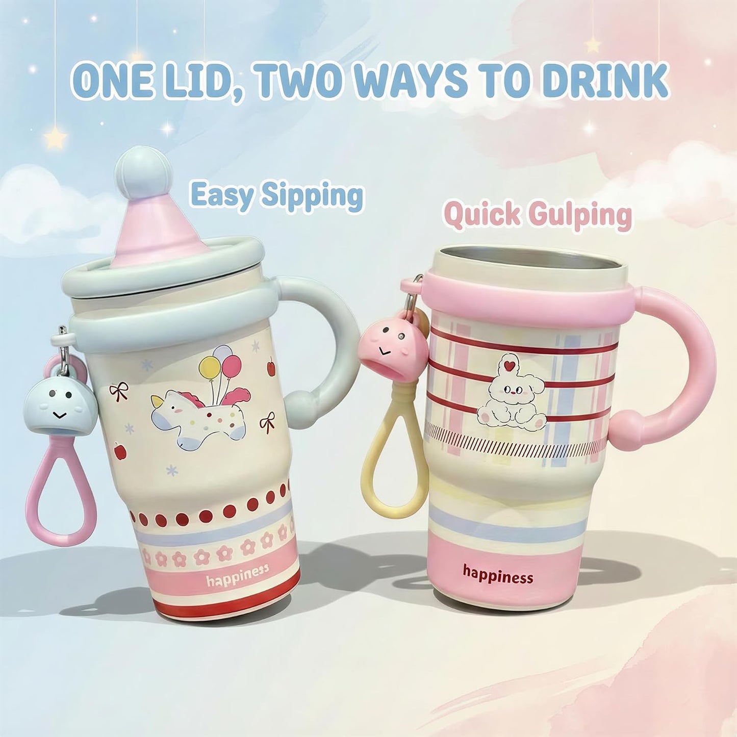 20oz Insulated Tumbler with Straw and Lid, Leakproof Coffee Travel Mug with Handle, Dual-Drink Design for Hot & Cold Drinks, Cute Water Bottle for Women with Free Charm (Strawberry Red)