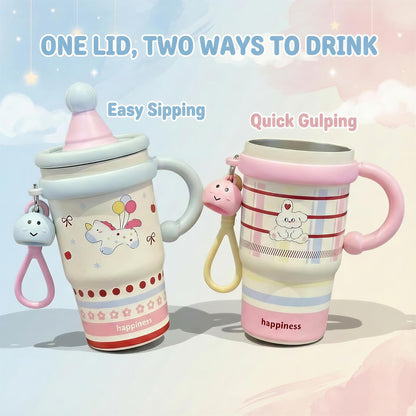 20oz Insulated Tumbler with Straw and Lid, Leakproof Coffee Travel Mug with Handle, Dual-Drink Design for Hot & Cold Drinks, Cute Water Bottle for Women with Free Charm (Strawberry Red)