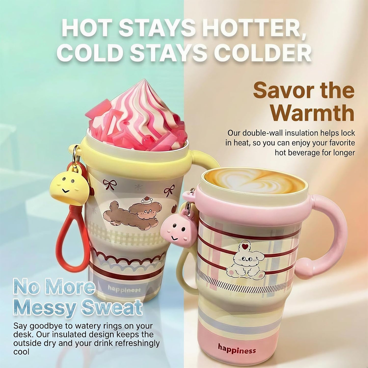 20oz Insulated Tumbler with Straw and Lid, Leakproof Coffee Travel Mug with Handle, Dual-Drink Design for Hot & Cold Drinks, Cute Water Bottle for Women with Free Charm (Strawberry Red)