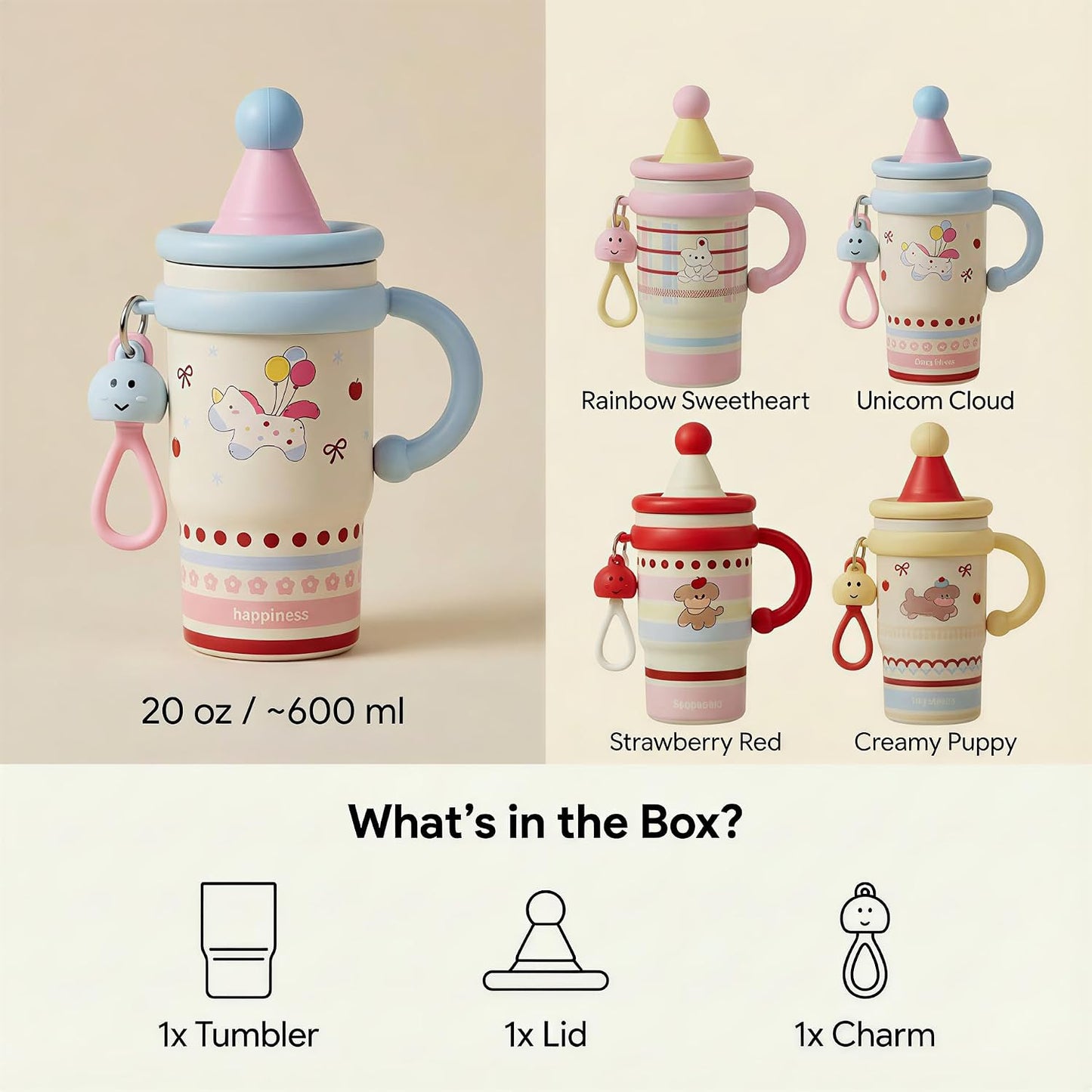 20oz Insulated Tumbler with Straw and Lid, Leakproof Coffee Travel Mug with Handle, Dual-Drink Design for Hot & Cold Drinks, Cute Water Bottle for Women with Free Charm (Strawberry Red)