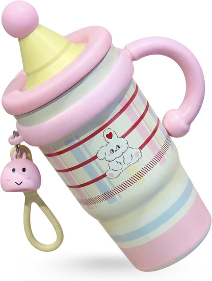 20oz Insulated Tumbler with Straw and Lid, Leakproof Coffee Travel Mug with Handle, Dual-Drink Design for Hot & Cold Drinks, Cute Water Bottle for Women with Free Charm (Strawberry Red)