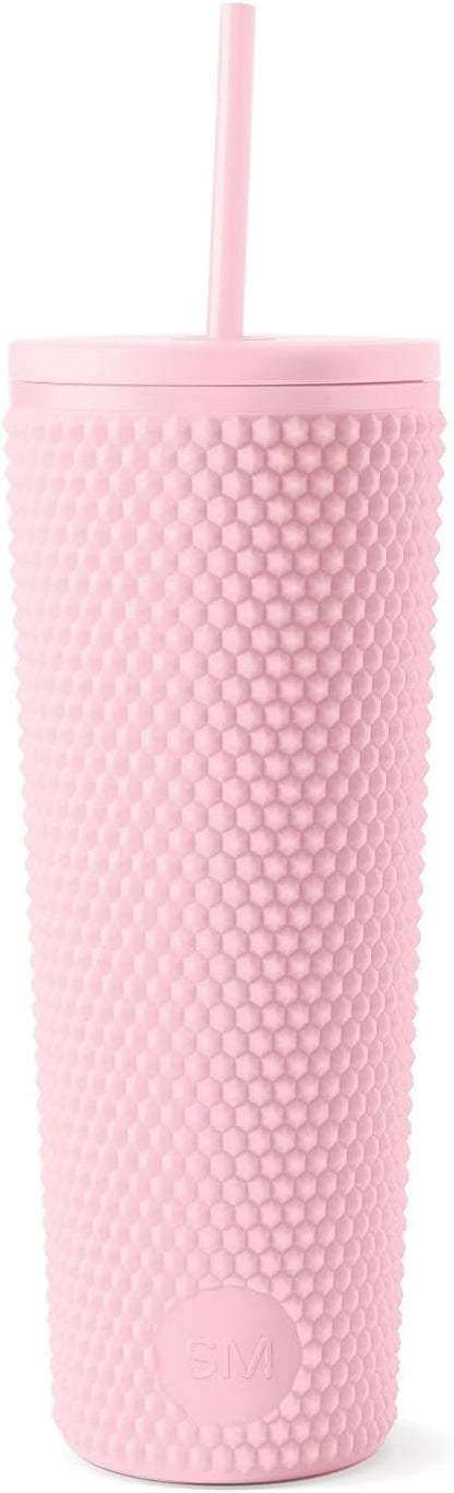 Textured Plastic Tumbler, Straw Lid | 24oz | Pink | Classic Reusable Plastic Cup, Double Wall Insulated | BPA Free Cupholder Friendly Smoothie & Iced Coffee Cup, Raspberry Vibes