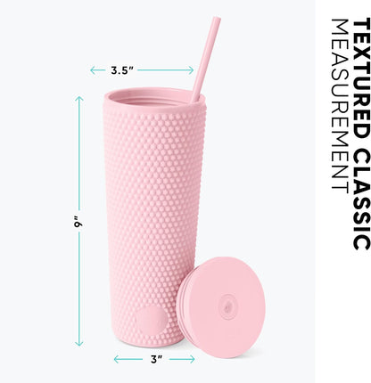 Textured Plastic Tumbler, Straw Lid | 24oz | Pink | Classic Reusable Plastic Cup, Double Wall Insulated | BPA Free Cupholder Friendly Smoothie & Iced Coffee Cup, Raspberry Vibes