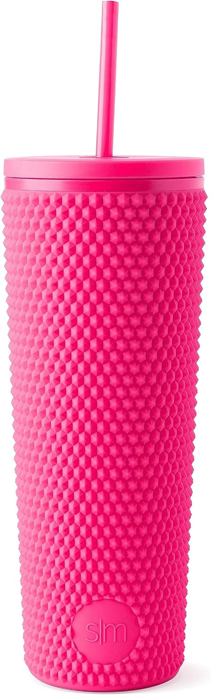 Textured Plastic Tumbler, Straw Lid | 24oz | Pink | Classic Reusable Plastic Cup, Double Wall Insulated | BPA Free Cupholder Friendly Smoothie & Iced Coffee Cup, Raspberry Vibes