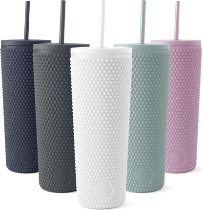 Textured Plastic Tumbler, Straw Lid | 24oz | Pink | Classic Reusable Plastic Cup, Double Wall Insulated | BPA Free Cupholder Friendly Smoothie & Iced Coffee Cup, Raspberry Vibes