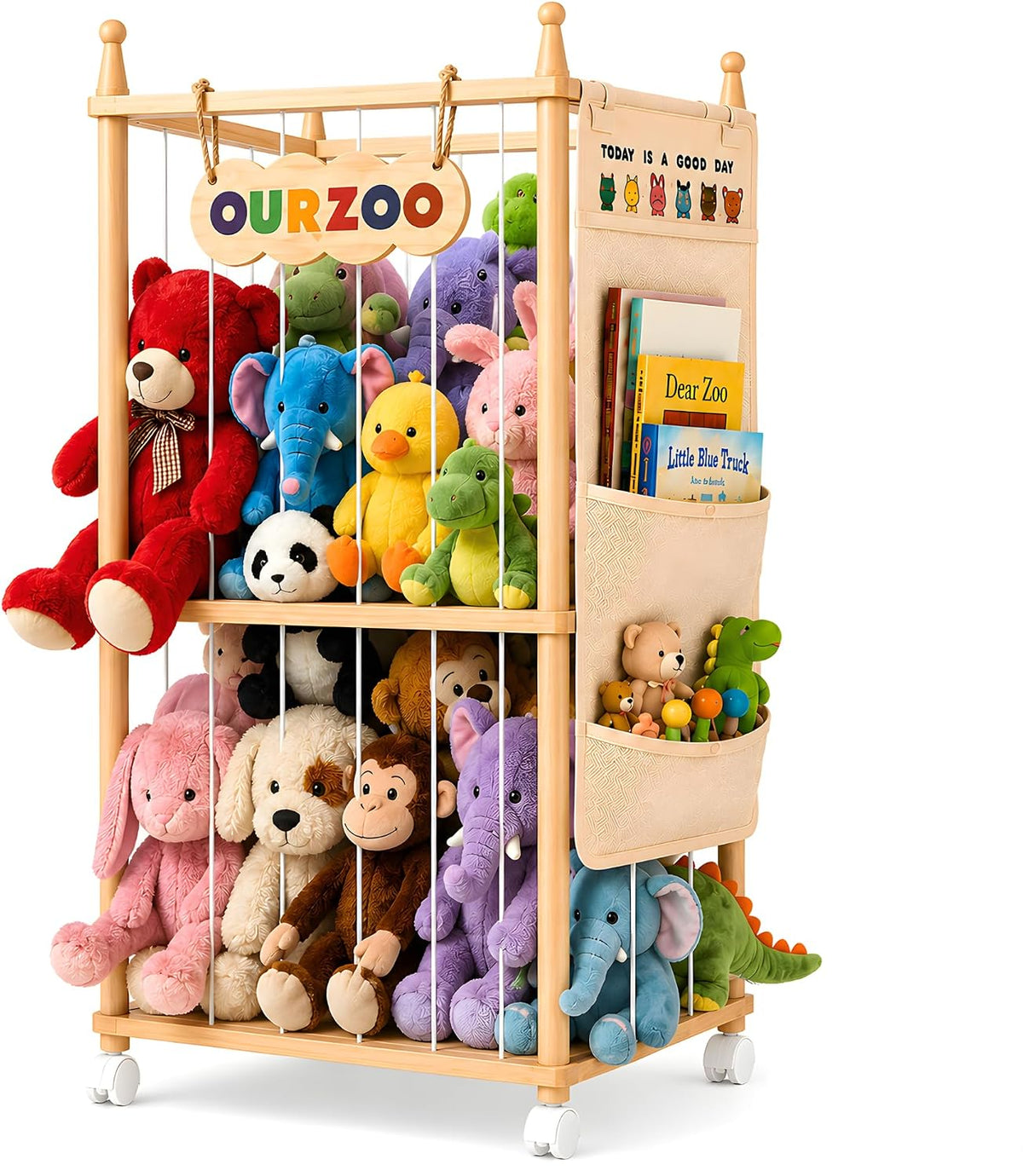 Stuffed Animal Storage Zoo with Wheels, Large Wooden Plush Toy Organizer Tower, Solid Pine Wood, Flexible Rope Shelves | No Tools Required, Bonus Storage Bag, Nursery Playroom (Large)