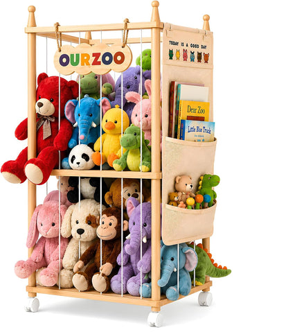 Stuffed Animal Storage Zoo with Wheels, Large Wooden Plush Toy Organizer Tower, Solid Pine Wood, Flexible Rope Shelves | No Tools Required, Bonus Storage Bag, Nursery Playroom (Large)