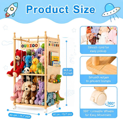 Stuffed Animal Storage Zoo with Wheels, Large Wooden Plush Toy Organizer Tower, Solid Pine Wood, Flexible Rope Shelves | No Tools Required, Bonus Storage Bag, Nursery Playroom (Large)