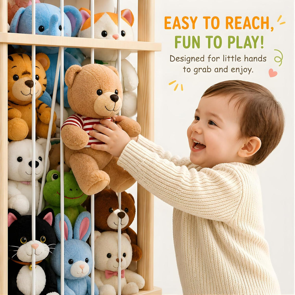 Stuffed Animal Storage Zoo with Wheels, Large Wooden Plush Toy Organizer Tower, Solid Pine Wood, Flexible Rope Shelves | No Tools Required, Bonus Storage Bag, Nursery Playroom (Large)