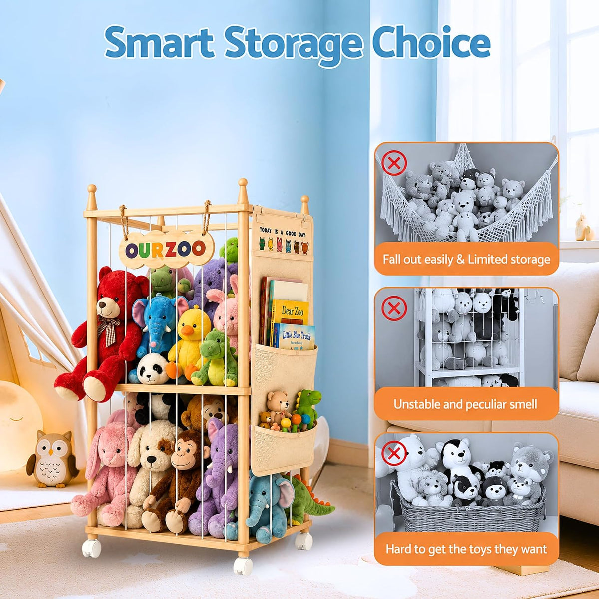 Stuffed Animal Storage Zoo with Wheels, Large Wooden Plush Toy Organizer Tower, Solid Pine Wood, Flexible Rope Shelves | No Tools Required, Bonus Storage Bag, Nursery Playroom (Large)