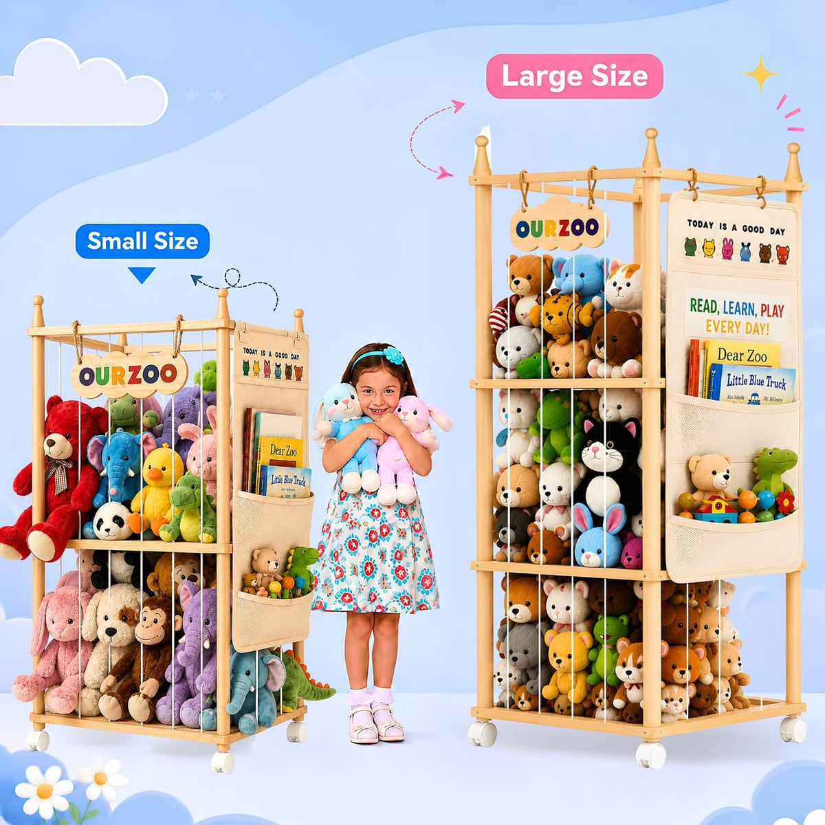 Stuffed Animal Storage Zoo with Wheels, Large Wooden Plush Toy Organizer Tower, Solid Pine Wood, Flexible Rope Shelves | No Tools Required, Bonus Storage Bag, Nursery Playroom (Large)