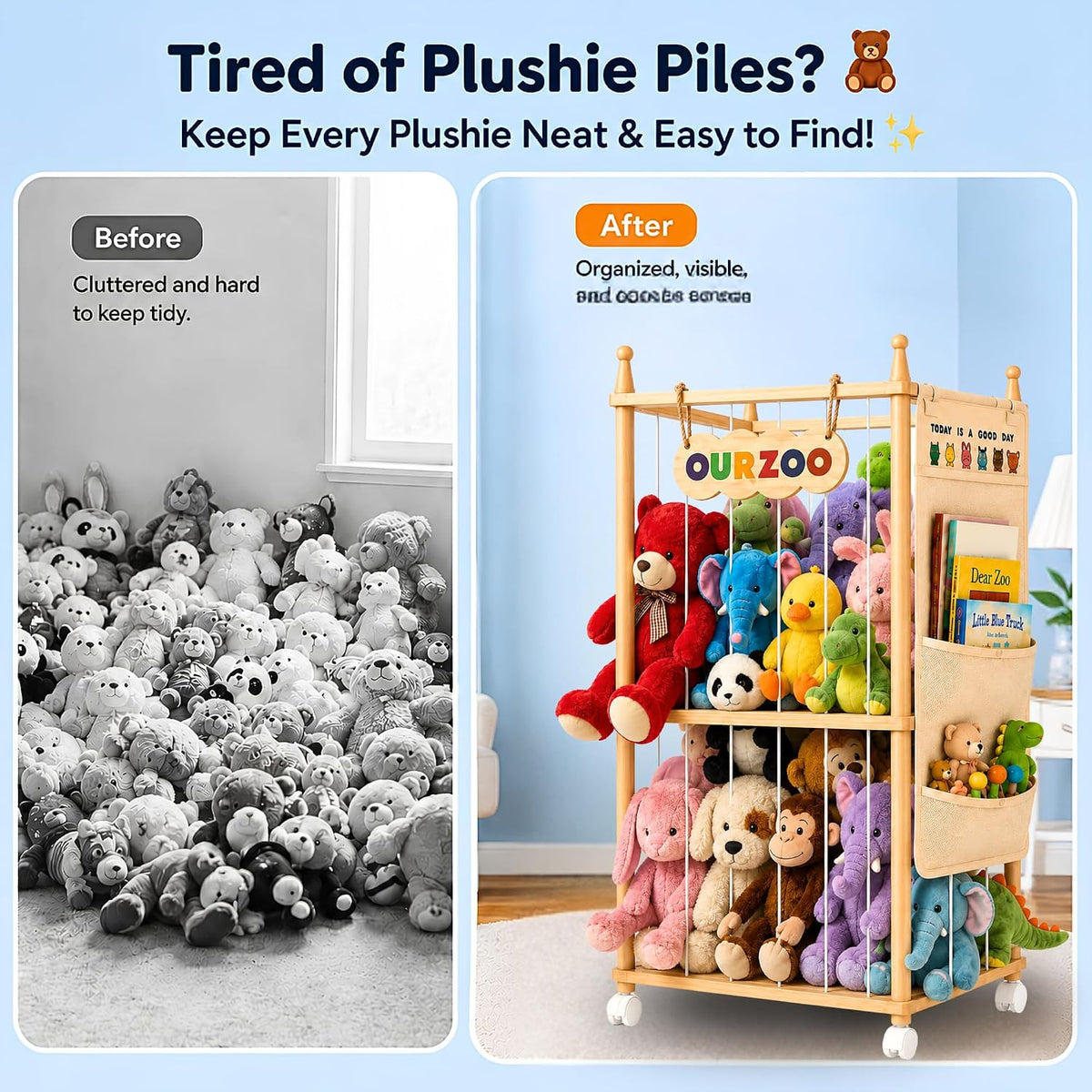 Stuffed Animal Storage Zoo with Wheels, Large Wooden Plush Toy Organizer Tower, Solid Pine Wood, Flexible Rope Shelves | No Tools Required, Bonus Storage Bag, Nursery Playroom (Large)