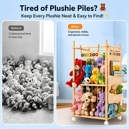 Stuffed Animal Storage Zoo with Wheels, Large Wooden Plush Toy Organizer Tower, Solid Pine Wood, Flexible Rope Shelves | No Tools Required, Bonus Storage Bag, Nursery Playroom (Large)