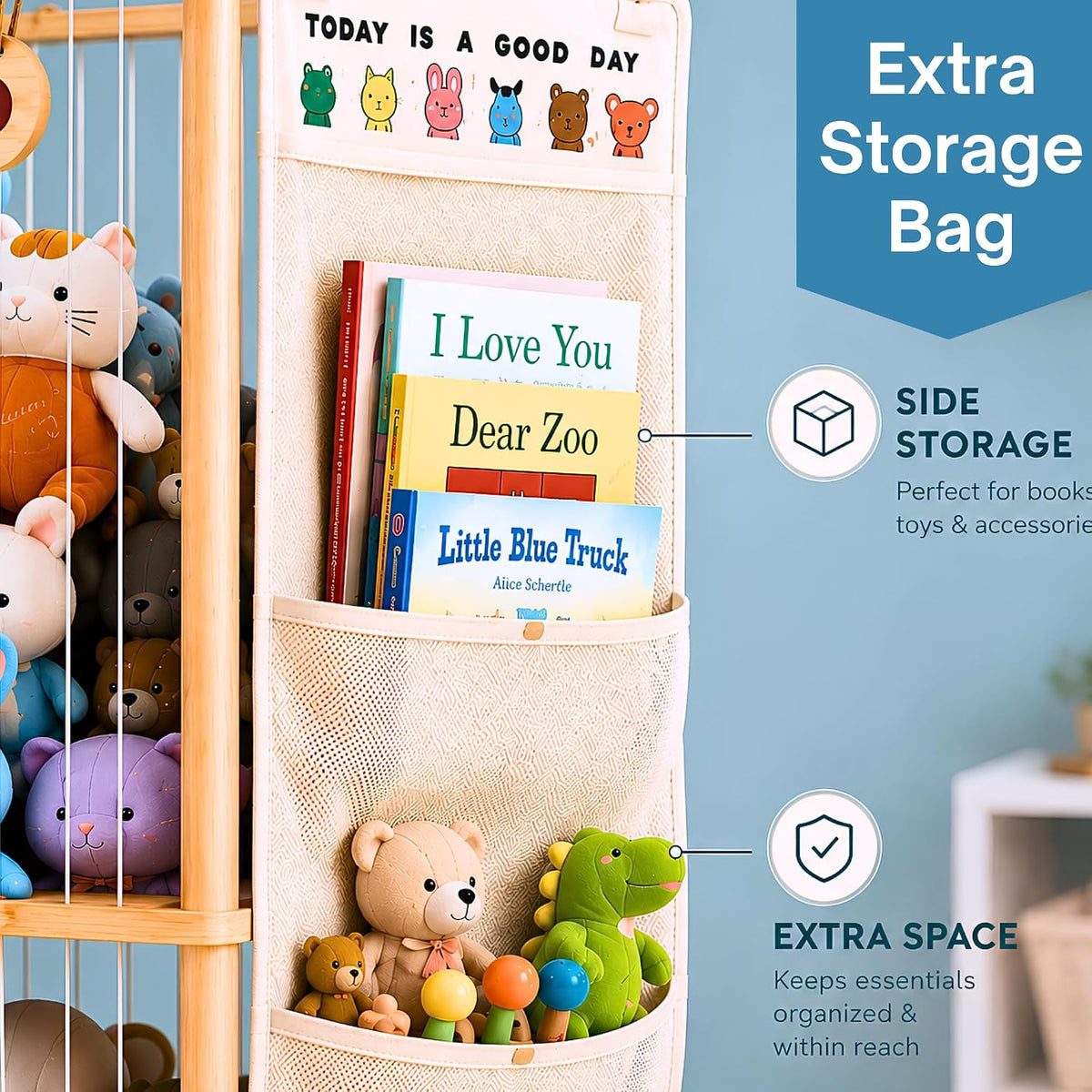 Stuffed Animal Storage Zoo with Wheels, Large Wooden Plush Toy Organizer Tower, Solid Pine Wood, Flexible Rope Shelves | No Tools Required, Bonus Storage Bag, Nursery Playroom (Large)