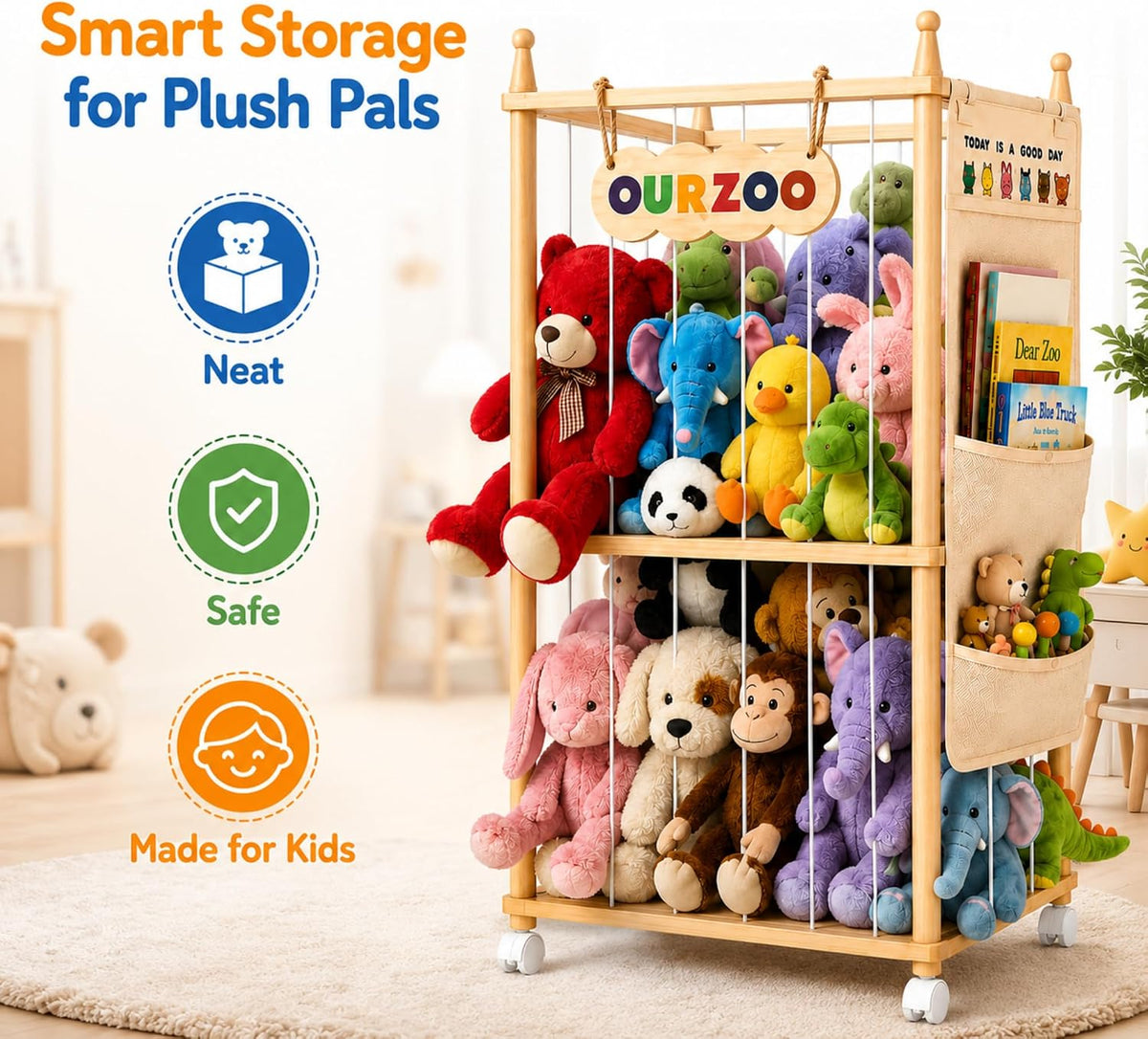 Stuffed Animal Storage Zoo with Wheels, Large Wooden Plush Toy Organizer Tower, Solid Pine Wood, Flexible Rope Shelves | No Tools Required, Bonus Storage Bag, Nursery Playroom (Large)