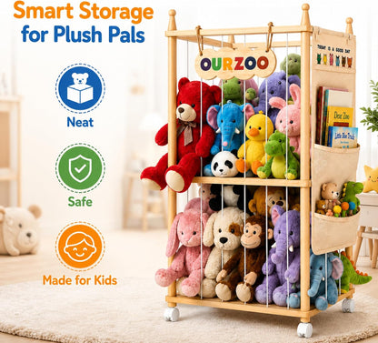 Stuffed Animal Storage Zoo with Wheels, Large Wooden Plush Toy Organizer Tower, Solid Pine Wood, Flexible Rope Shelves | No Tools Required, Bonus Storage Bag, Nursery Playroom (Large)