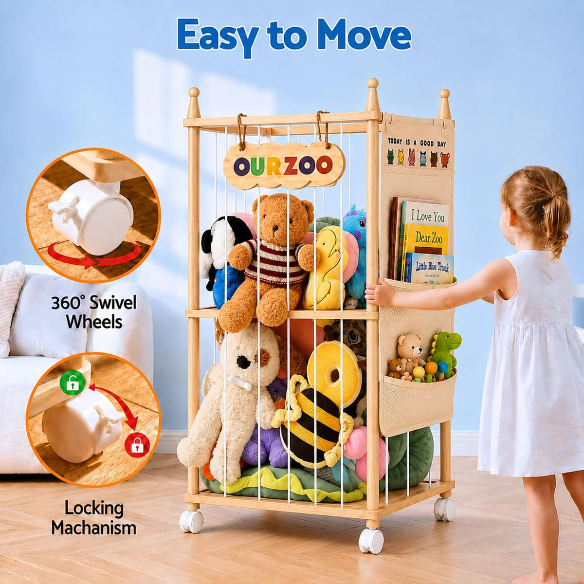 Stuffed Animal Storage Zoo with Wheels, Large Wooden Plush Toy Organizer Tower, Solid Pine Wood, Flexible Rope Shelves | No Tools Required, Bonus Storage Bag, Nursery Playroom (Large)