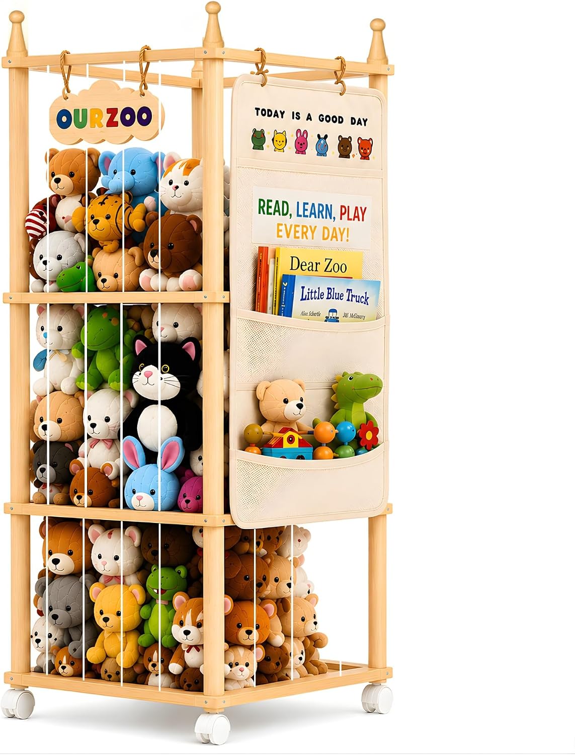 Stuffed Animal Storage Zoo with Wheels, Large Wooden Plush Toy Organizer Tower, Solid Pine Wood, Flexible Rope Shelves | No Tools Required, Bonus Storage Bag, Nursery Playroom (Large)