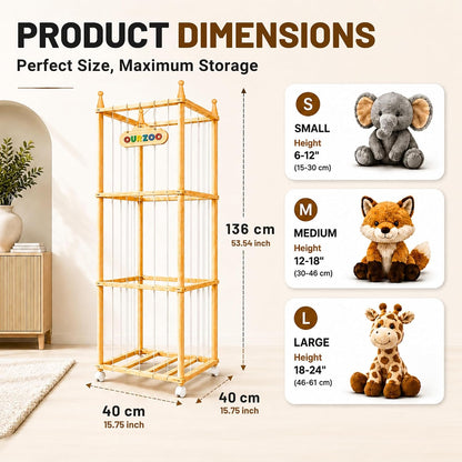 Stuffed Animal Storage Zoo with Wheels, Large Wooden Plush Toy Organizer Tower, Solid Pine Wood, Flexible Rope Shelves | No Tools Required, Bonus Storage Bag, Nursery Playroom (Large)