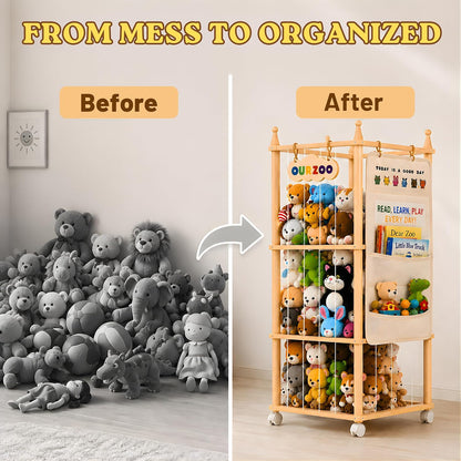 Stuffed Animal Storage Zoo with Wheels, Large Wooden Plush Toy Organizer Tower, Solid Pine Wood, Flexible Rope Shelves | No Tools Required, Bonus Storage Bag, Nursery Playroom (Large)