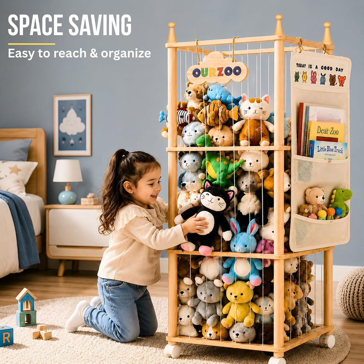 Stuffed Animal Storage Zoo with Wheels, Large Wooden Plush Toy Organizer Tower, Solid Pine Wood, Flexible Rope Shelves | No Tools Required, Bonus Storage Bag, Nursery Playroom (Large)