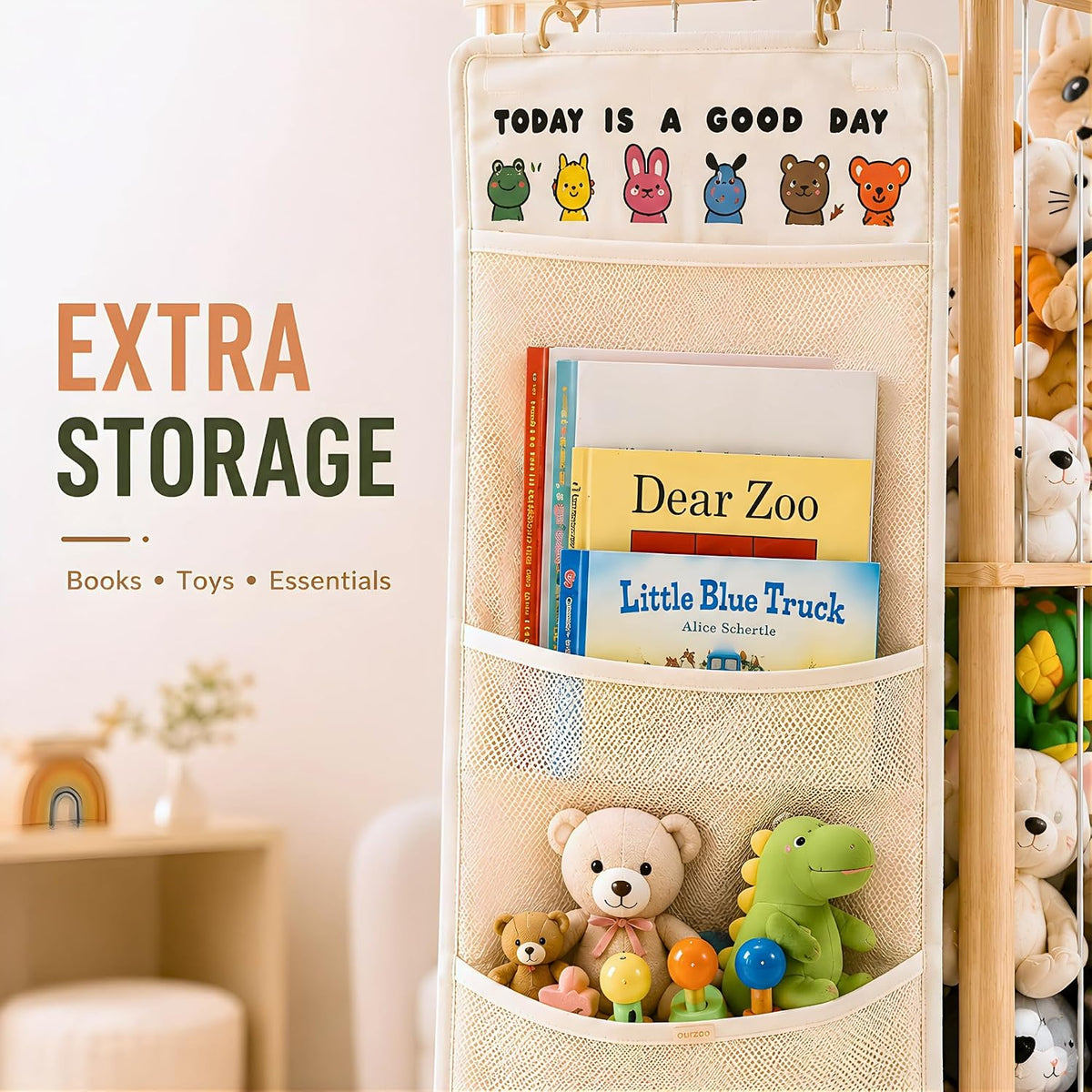 Stuffed Animal Storage Zoo with Wheels, Large Wooden Plush Toy Organizer Tower, Solid Pine Wood, Flexible Rope Shelves | No Tools Required, Bonus Storage Bag, Nursery Playroom (Large)