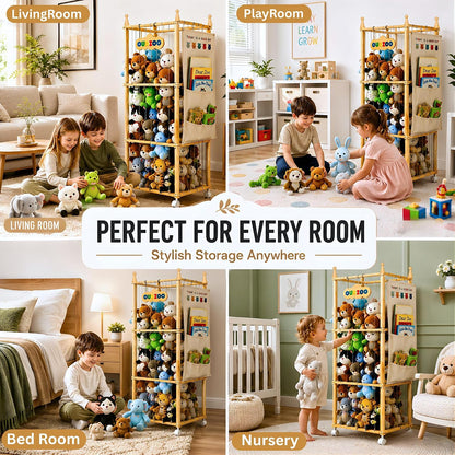 Stuffed Animal Storage Zoo with Wheels, Large Wooden Plush Toy Organizer Tower, Solid Pine Wood, Flexible Rope Shelves | No Tools Required, Bonus Storage Bag, Nursery Playroom (Large)