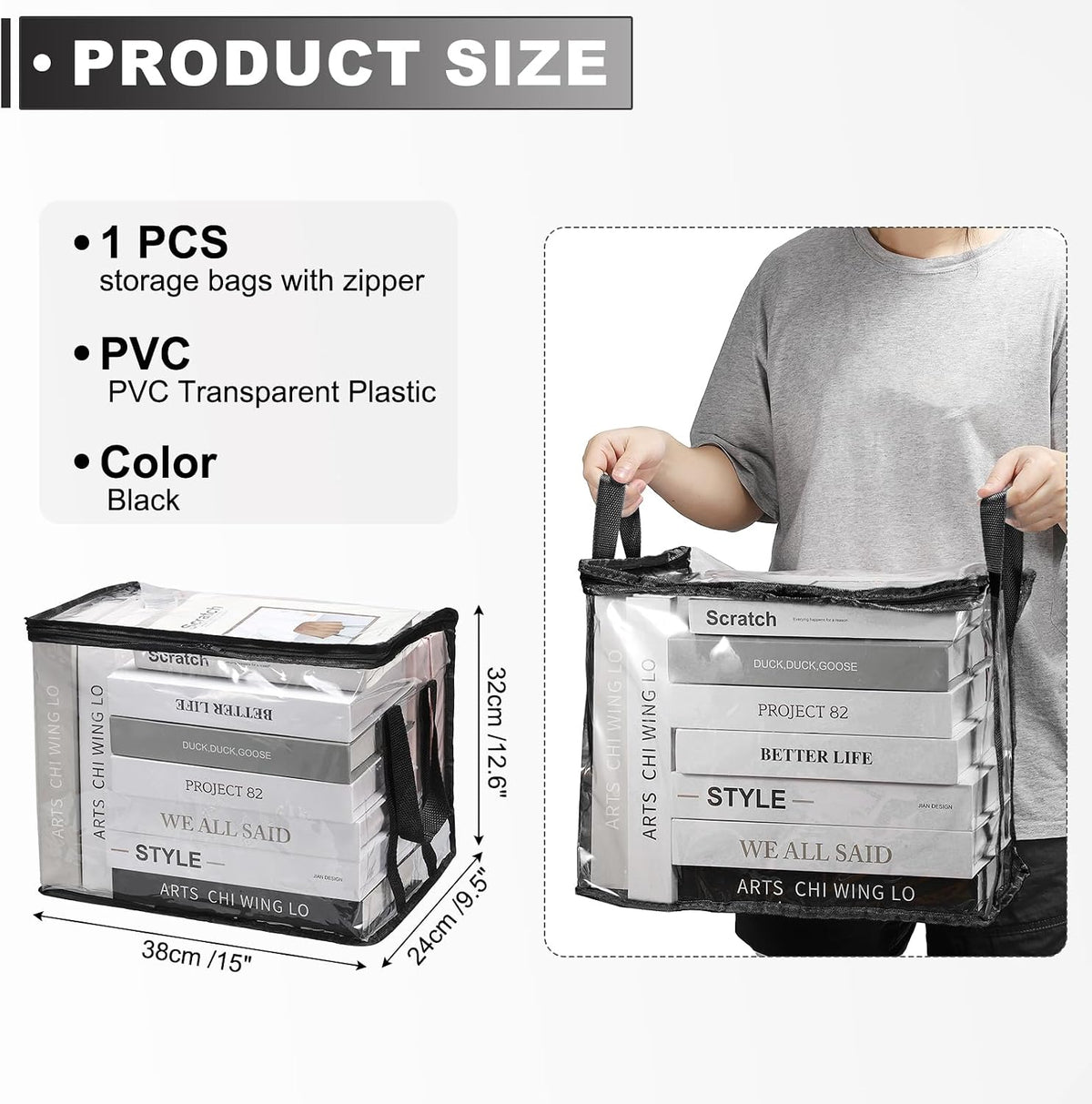 15x9.5x12.6in Clear Storage Bags, Plastic Storage Bags Clear Small Zippered Organizers Foldable Closet Bed Sheet Organizer Cube with Zipper Handles for Book Clothes Yarn,L, Blue