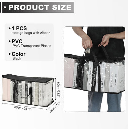 15x9.5x12.6in Clear Storage Bags, Plastic Storage Bags Clear Small Zippered Organizers Foldable Closet Bed Sheet Organizer Cube with Zipper Handles for Book Clothes Yarn,L, Blue